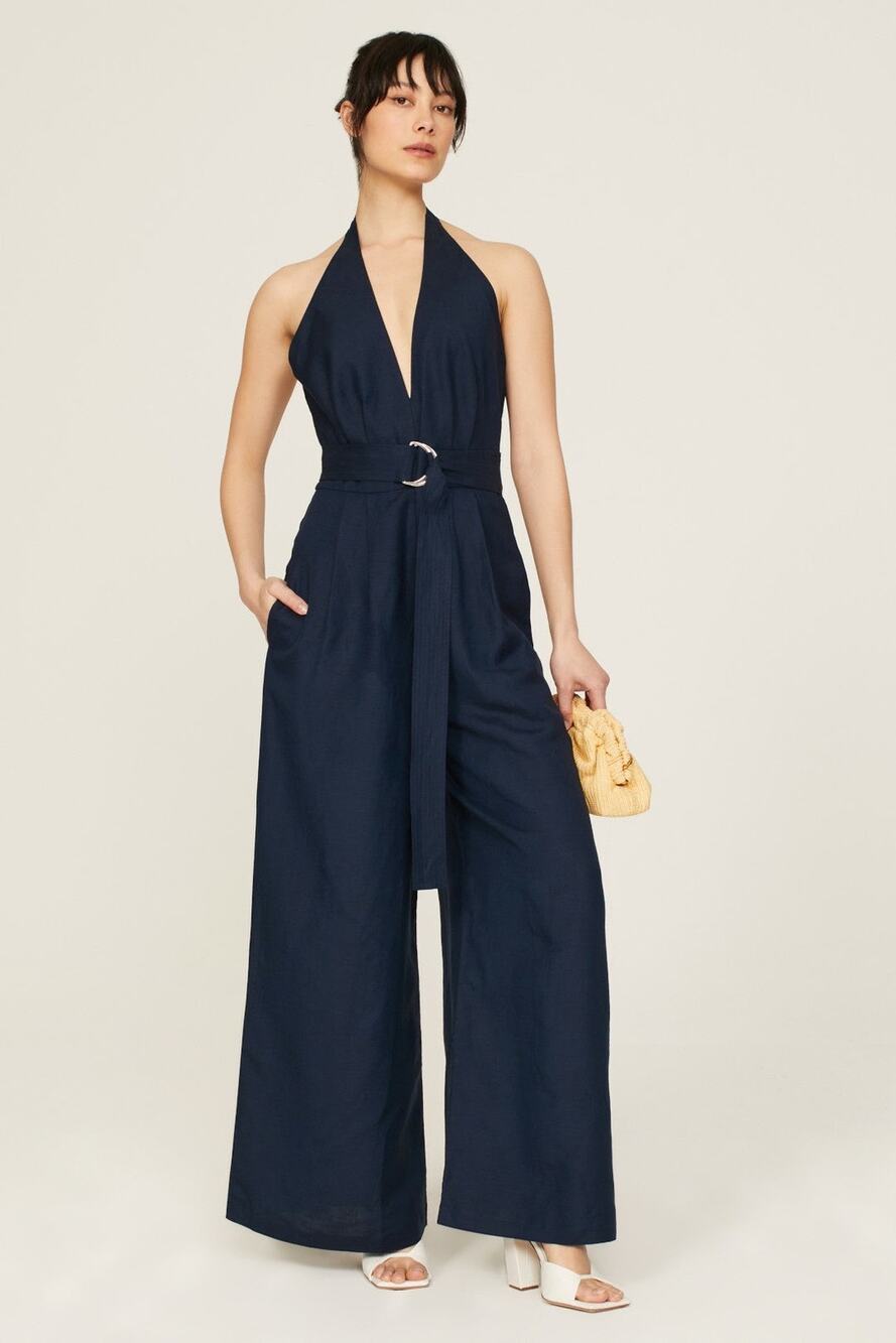 Adam Lippes Sz 8 Navy Blue Wide Leg Halter Neck Linen Blend Backless Jumpsuit